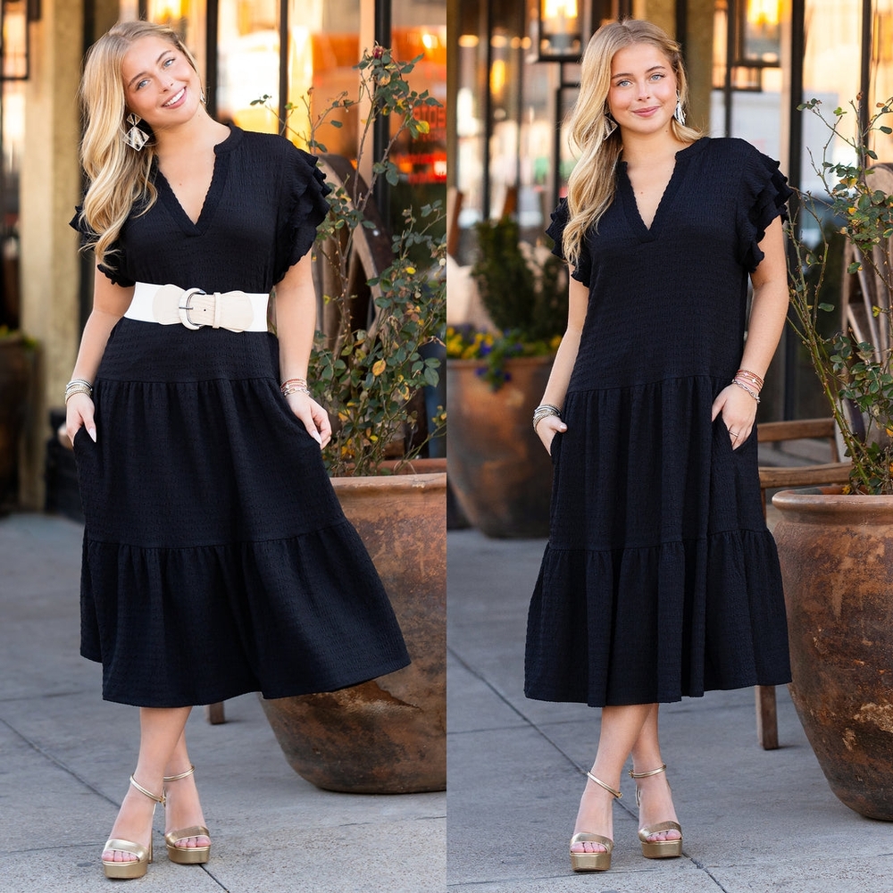 Black Midi Sundress with Flutter Sleeves and V-Neck